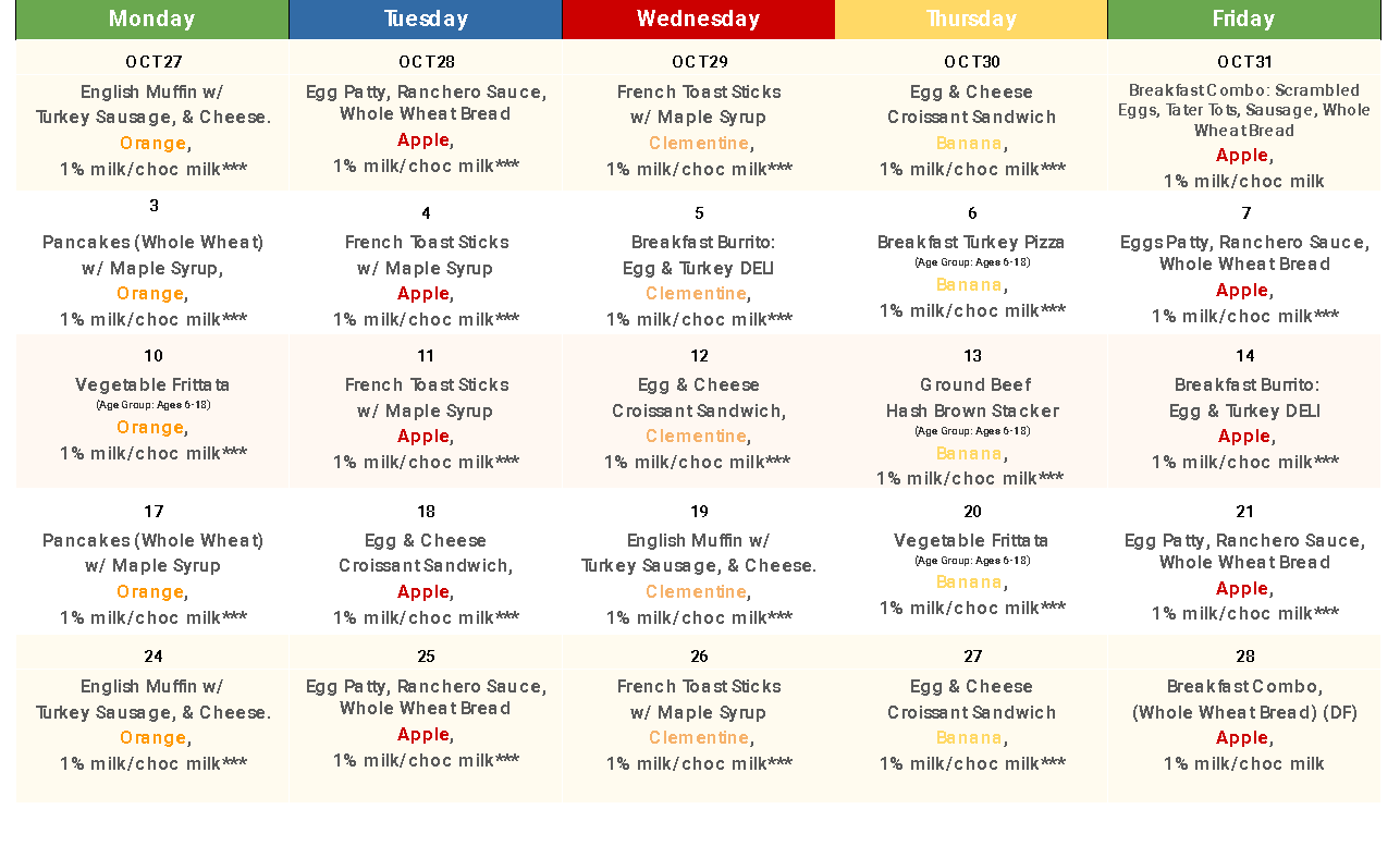 October School Meal Sample Menu
