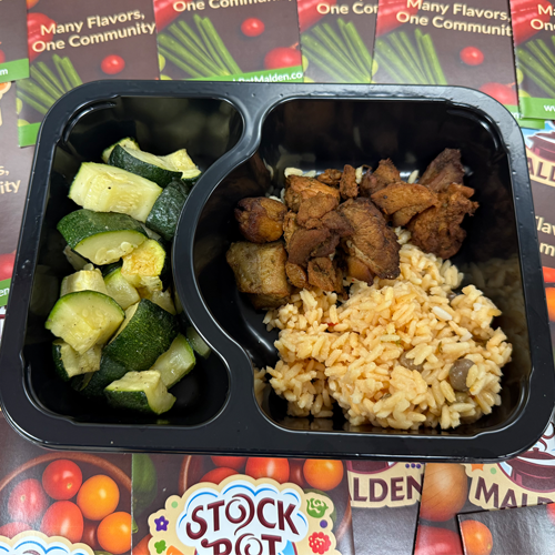 On-Site School Meal with zuchini, chicken and rice