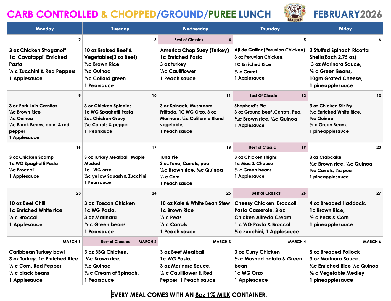Adult Day Health Center menu examples
