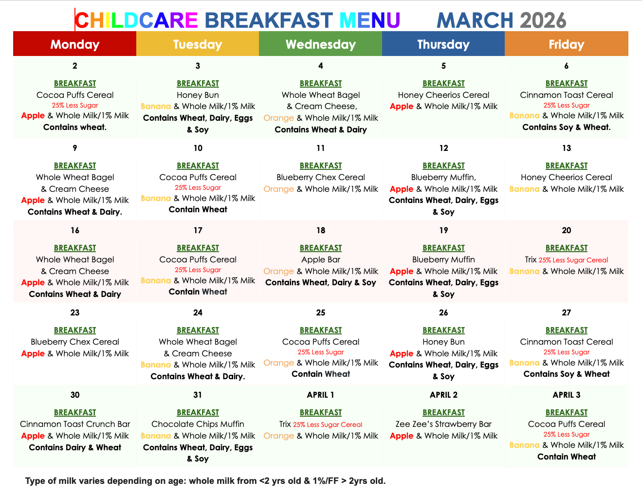 Childcare breakfast menu 2026