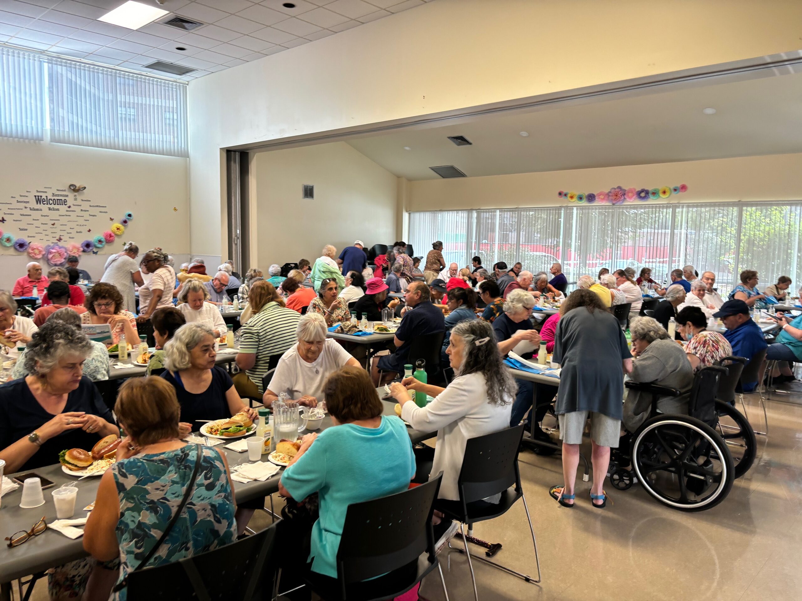 Large group of seniors eating prepared meal